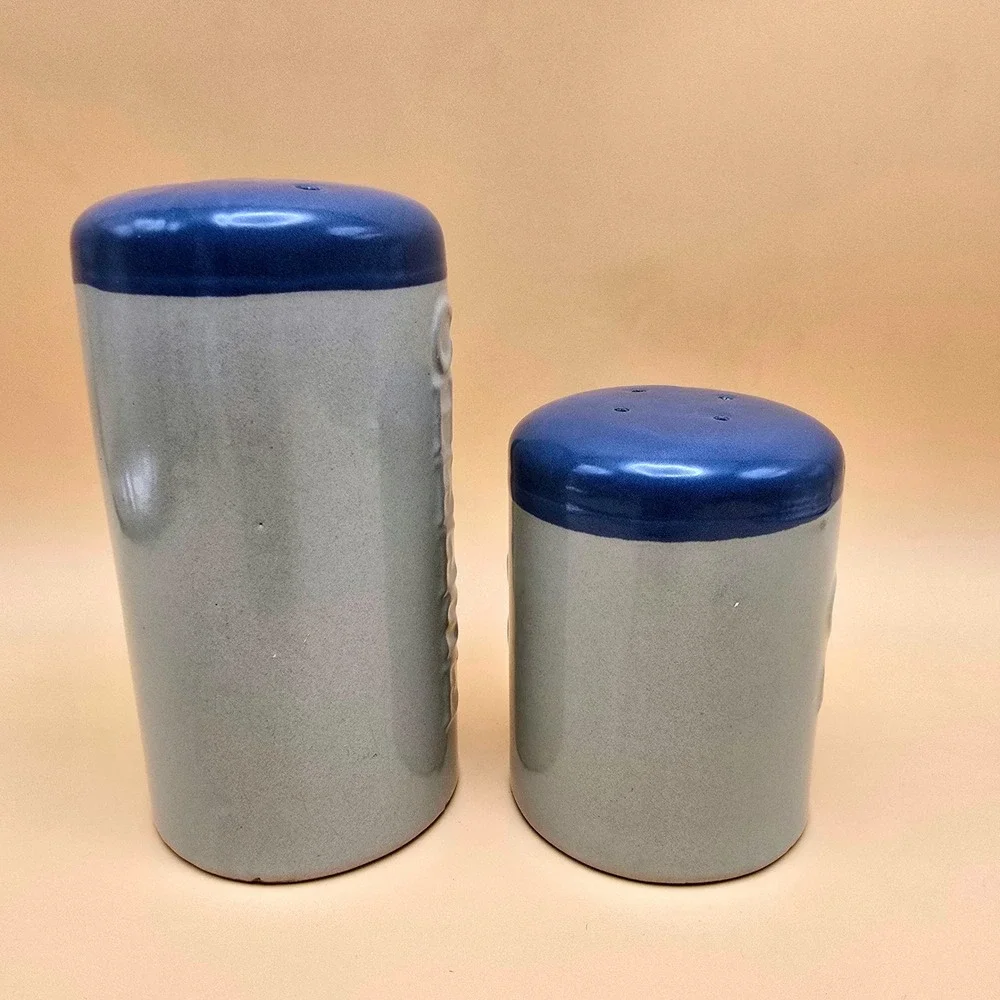 Vintage Ceramic Salt & Cheese Shakers Blue Lids Mug Style w/ Handles 